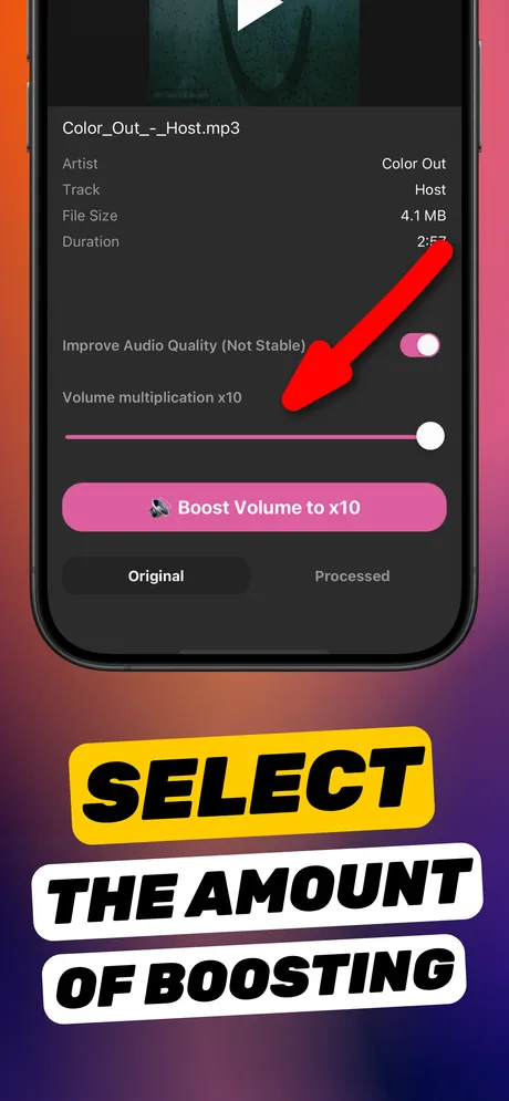 Increase Volume showing track details, the Improve Audio Quality toggle and the Volume multiplication x10 slider for an audio file