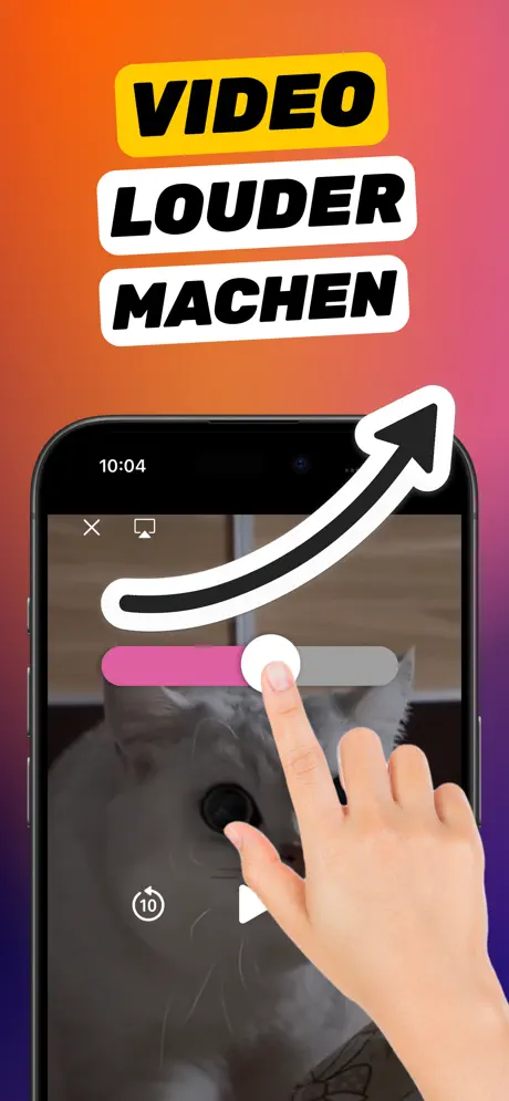Increase Volume auf dem iPhone: ein Finger zieht den pinken Boost-Regler über ein Video, um es lauter zu machen