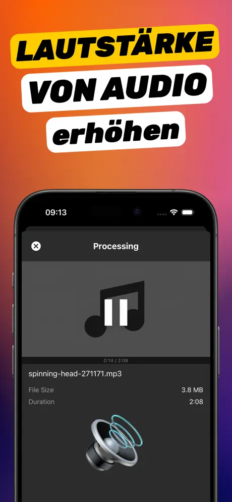 Increase Volume verarbeitet eine Musikdatei auf dem iPhone, Screenshot mit der Überschrift Lautstärke von Audio erhöhen