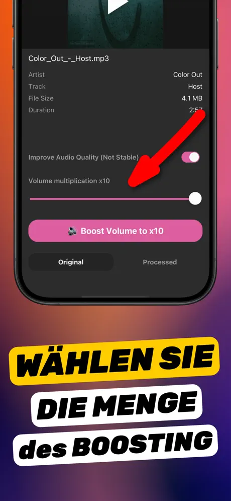 Increase Volume mit Aufnahmedetails, Schalter Audioqualität verbessern und Regler Lautstärke-Multiplikation ×10