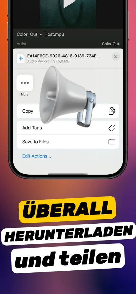 Screenshot mit der Überschrift Überall herunterladen und teilen: iOS-Teilen-Menü für das verstärkte Video