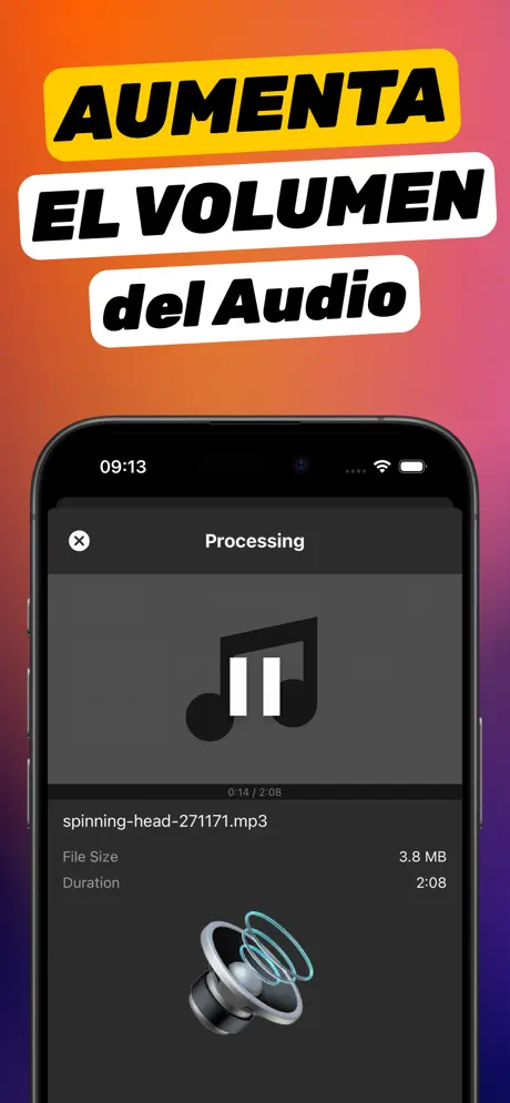Captura «Aumenta el volumen del audio»: un archivo MP3 procesándose en Aumentar Volumen con nombre, tamaño y duración