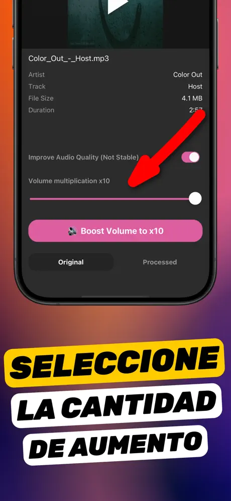 Captura de Aumentar Volumen con los detalles de la grabación, el interruptor Mejorar calidad de audio y el deslizador de multiplicación ×10