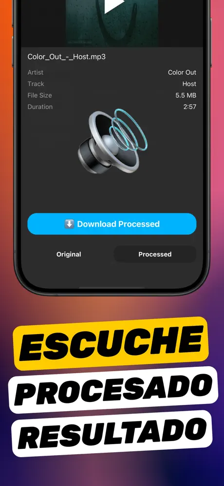 Captura de la pantalla de resultado de Aumentar Volumen con el botón Descargar procesado y el selector Original/Procesado