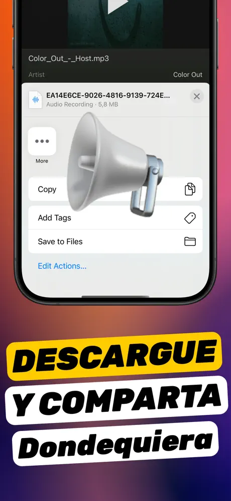 Captura «Descargue y comparta dondequiera»: hoja de compartir de iOS para el vídeo potenciado