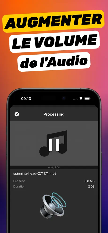 Capture « Augmenter le volume de l'audio » : un fichier MP3 en traitement avec nom, taille et durée