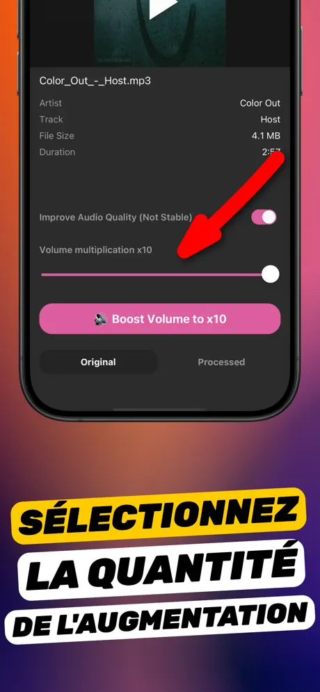 Capture de l'amplificateur avec les infos de l'enregistrement, l'option Améliorer la qualité audio et le curseur de multiplication ×10