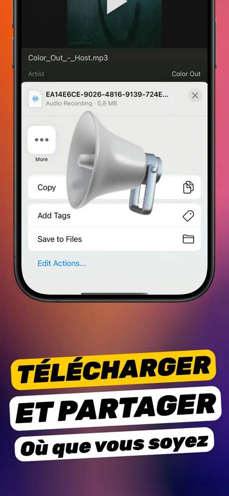 Capture « Téléchargez et partagez où vous voulez » : feuille de partage iOS pour la vidéo amplifiée