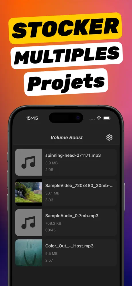 Capture de la liste de projets de l'Amplificateur de Volume Audio avec des fichiers MP3 et des vidéos