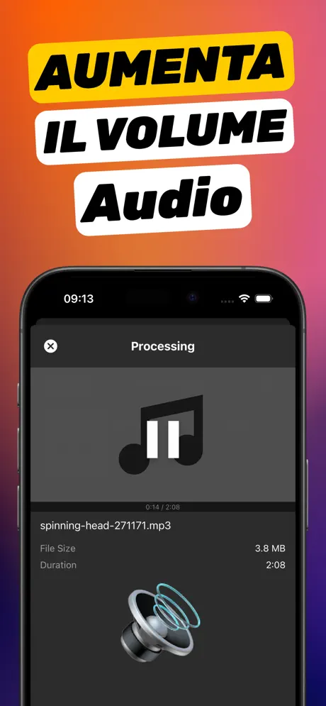 Schermata «Aumenta il volume Audio»: un file MP3 in elaborazione in Aumenta Volume con nome, dimensione e durata