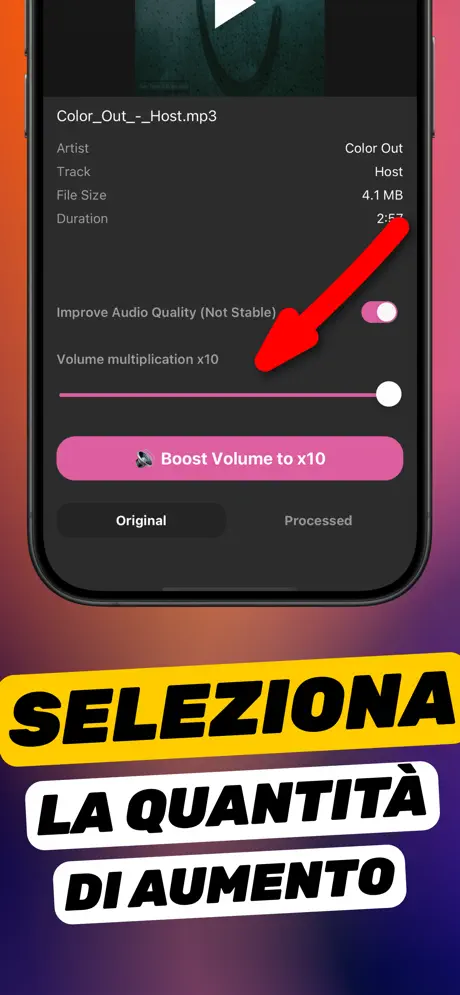 Schermata «Seleziona la quantità di aumento»: cursore di moltiplicazione volume ×10, il doppio del massimo di iMovie