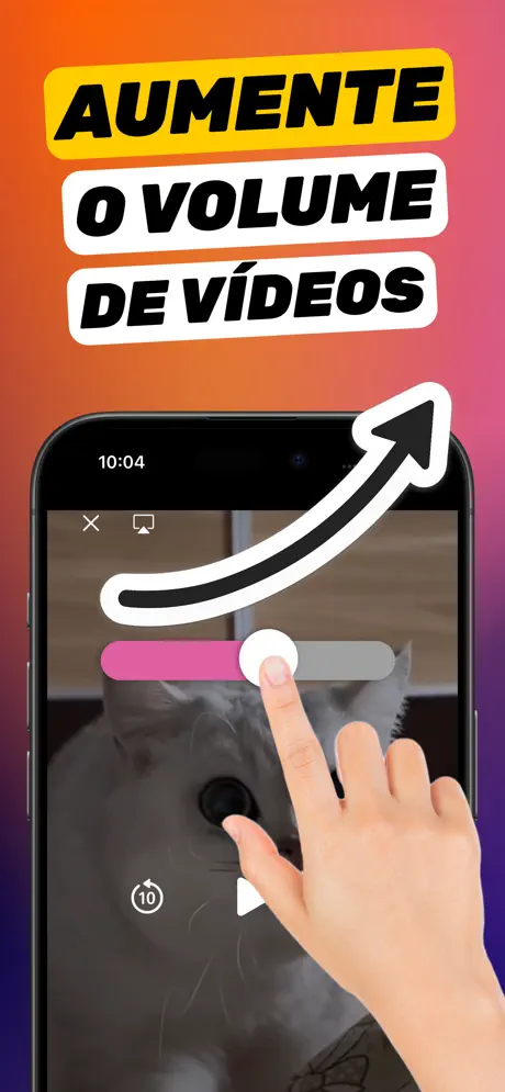 Tela «Aumente o volume de vídeos»: um dedo arrasta o controle rosa sobre um vídeo no app Aumentar Volume