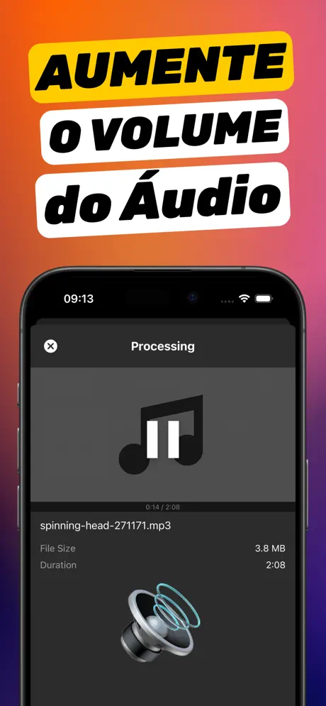 O app Aumentar Volume processando um arquivo MP3, com nome, tamanho e duração