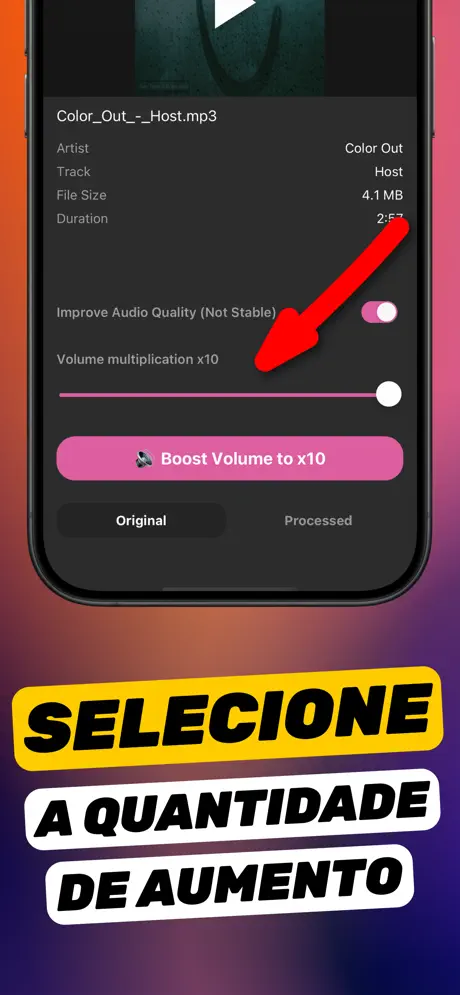 Detalhes da faixa no app Aumentar Volume com «Melhorar qualidade do áudio» ativado e o controle «Multiplicação do volume ×10»