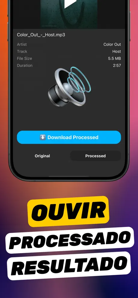 Tela de resultado do app Aumentar Volume com o botão «Baixar processado» e o seletor Original/Processado