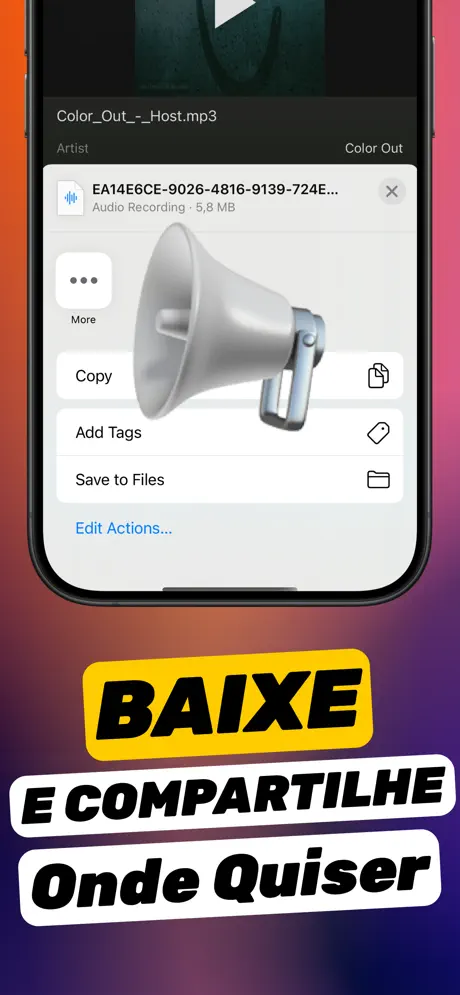 Tela «Baixe e compartilhe onde quiser»: planilha de compartilhamento do iOS com Copiar, Adicionar etiquetas e Salvar em Arquivos